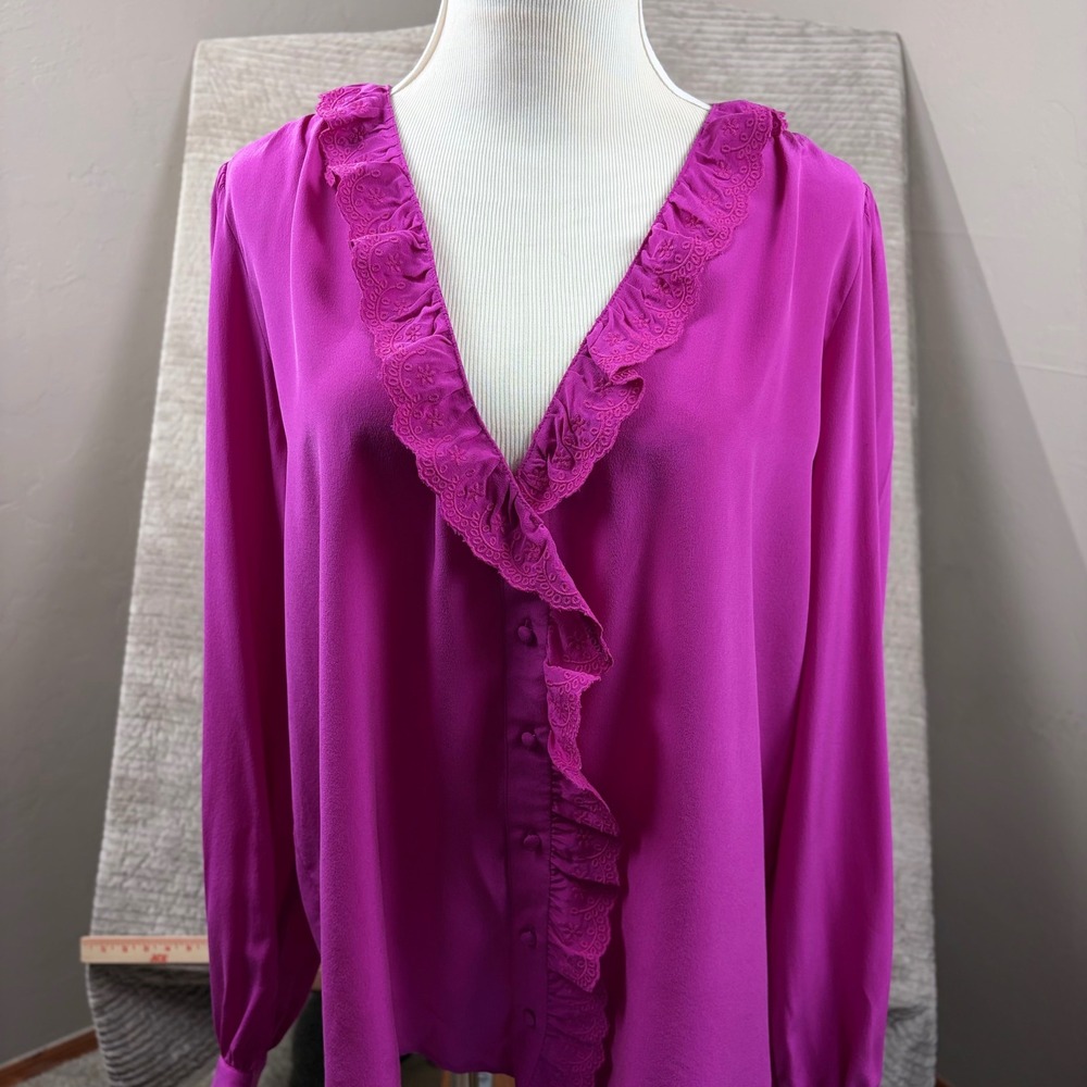 Sezane Rosine Blouse Fuchsia Pink Silk Ruffle Eyelet V-Neck Top US 12 FR 44 NEW
